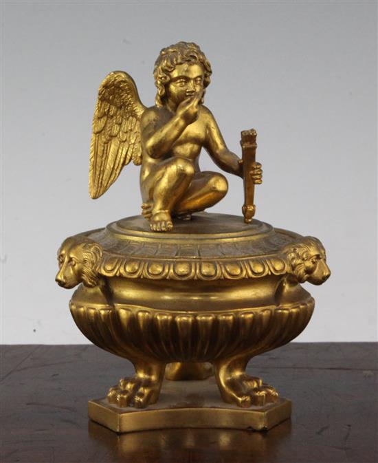 An Empire style gilt bronze inkwell and cover, first half 19th century, 6in.